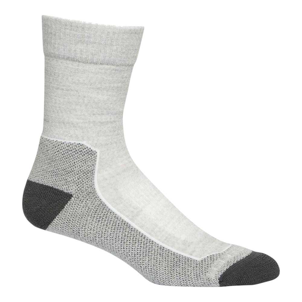 A single Icebreaker Womens Hike+ Light Crew Sock in light gray with darker gray on the toe, heel, and sole is shown against a white background. The sock features soft, textured fabric designed for hiking.