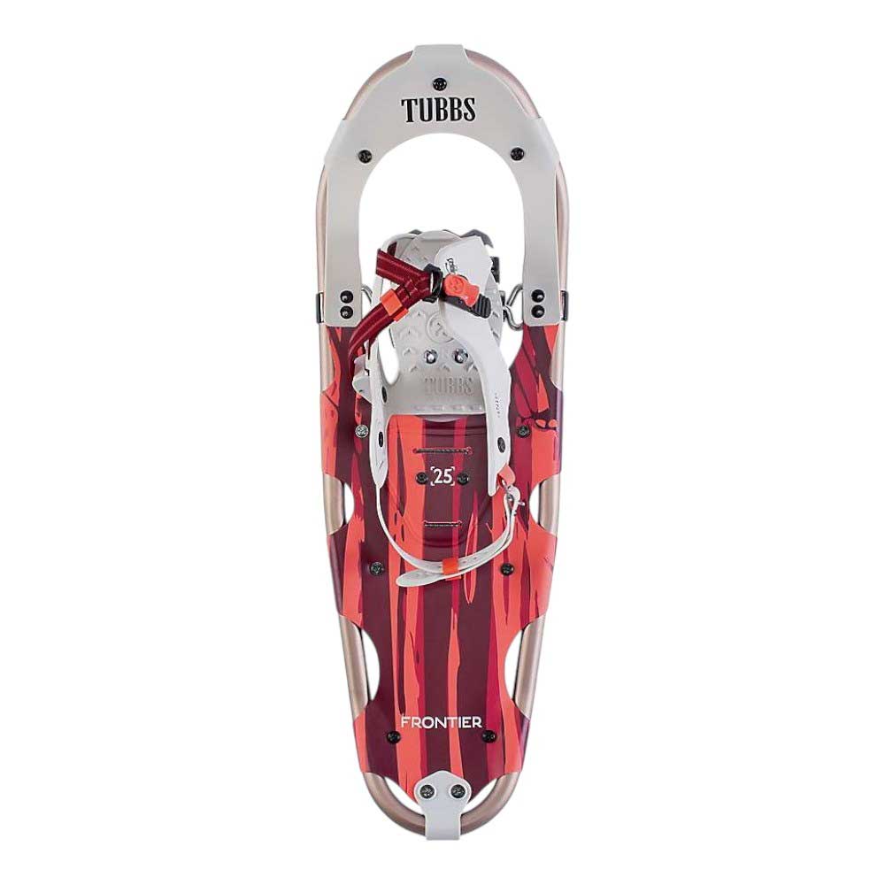 The Tubbs Women's Frontier Snowshoe features a red and white design with a metal frame, secure bindings, and straps—ideal for hiking or snowshoeing adventures. Shown from above against a white background.
