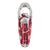 The Tubbs Women's Frontier Snowshoe features a red and white design with a metal frame, secure bindings, and straps—ideal for hiking or snowshoeing adventures. Shown from above against a white background.