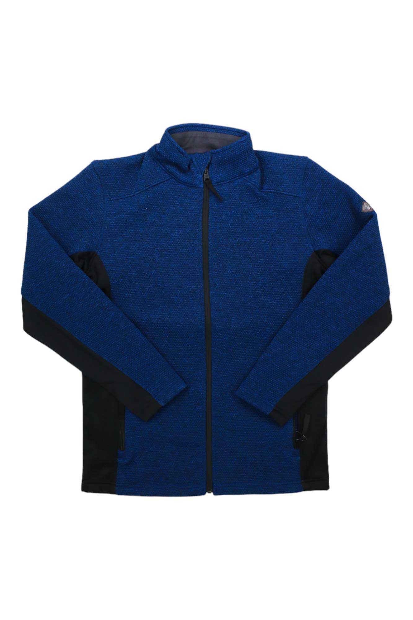 The Spyder Boys Encore Full Zip Fleece Jacket is blue with black side and underarm panels, a high collar, and two front zippered pockets—ideal as an insulated kids’ jacket for chilly days.
