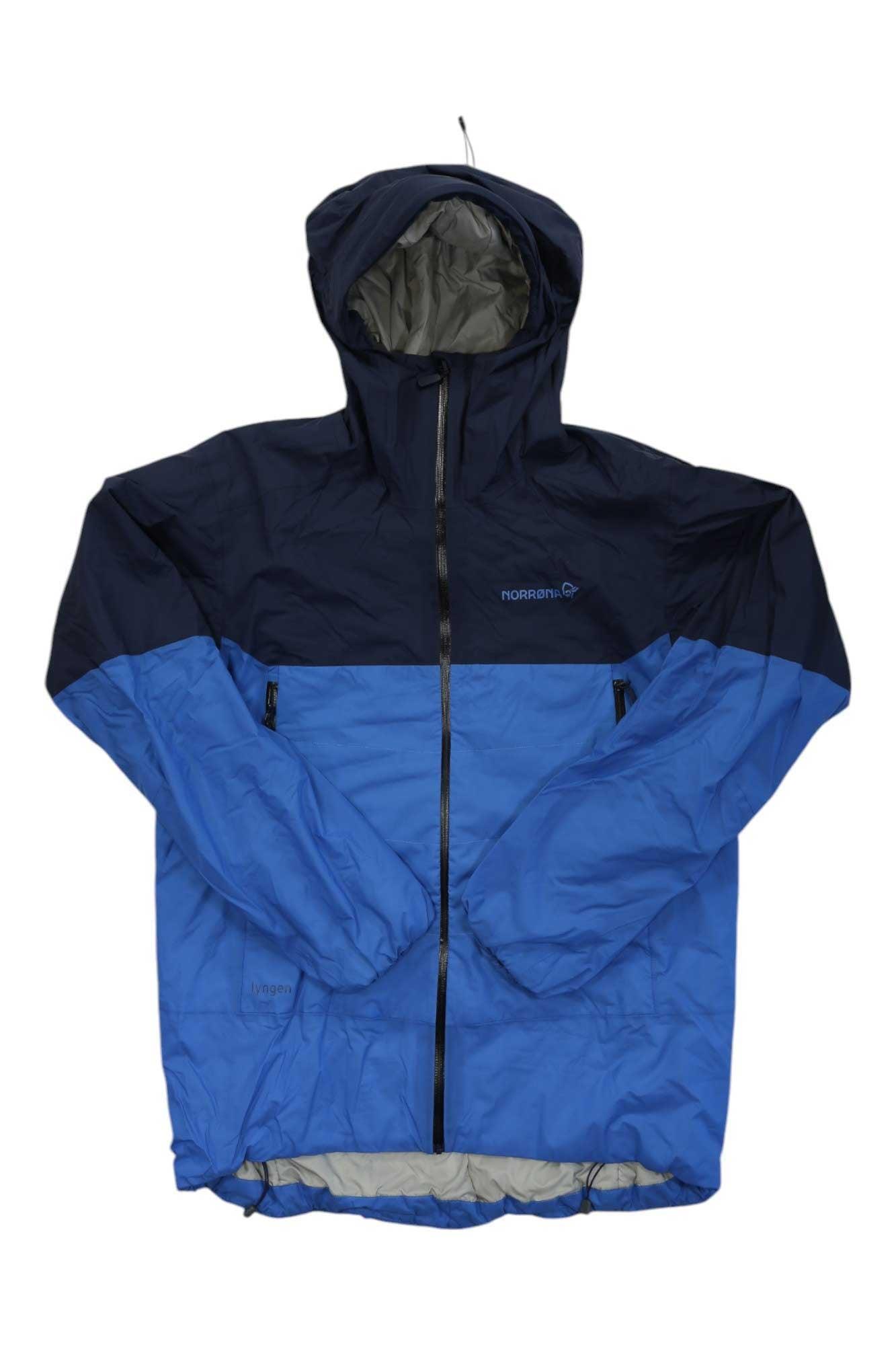 Men's insulated hooded jacket, navy and bright blue color-block with full-zip