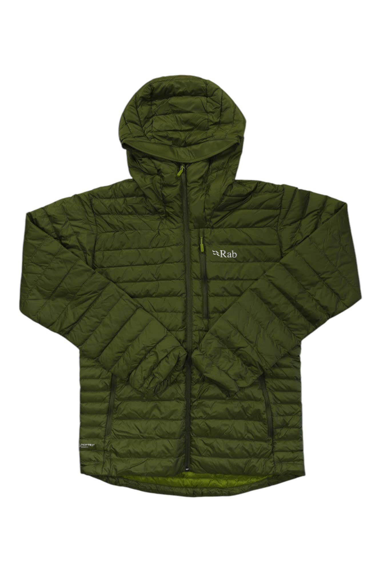 Men's dark olive green hooded puffer jacket, full-zip with quilted pattern and Rab logo.
