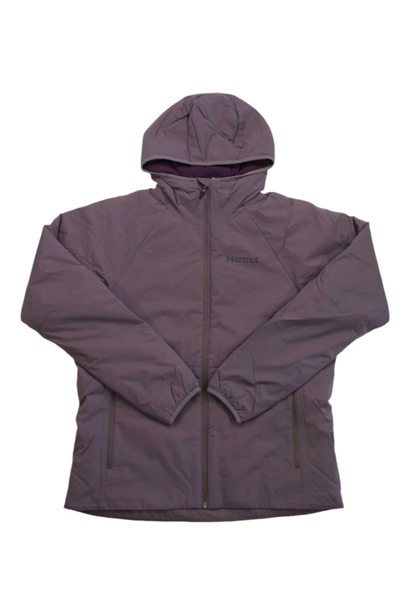 The Marmot Women's Novus Hoody in purple features recycled nylon, PrimaLoft Silver insulation, a front zipper, two zippered side pockets, and displays the Marmot logo on the chest.