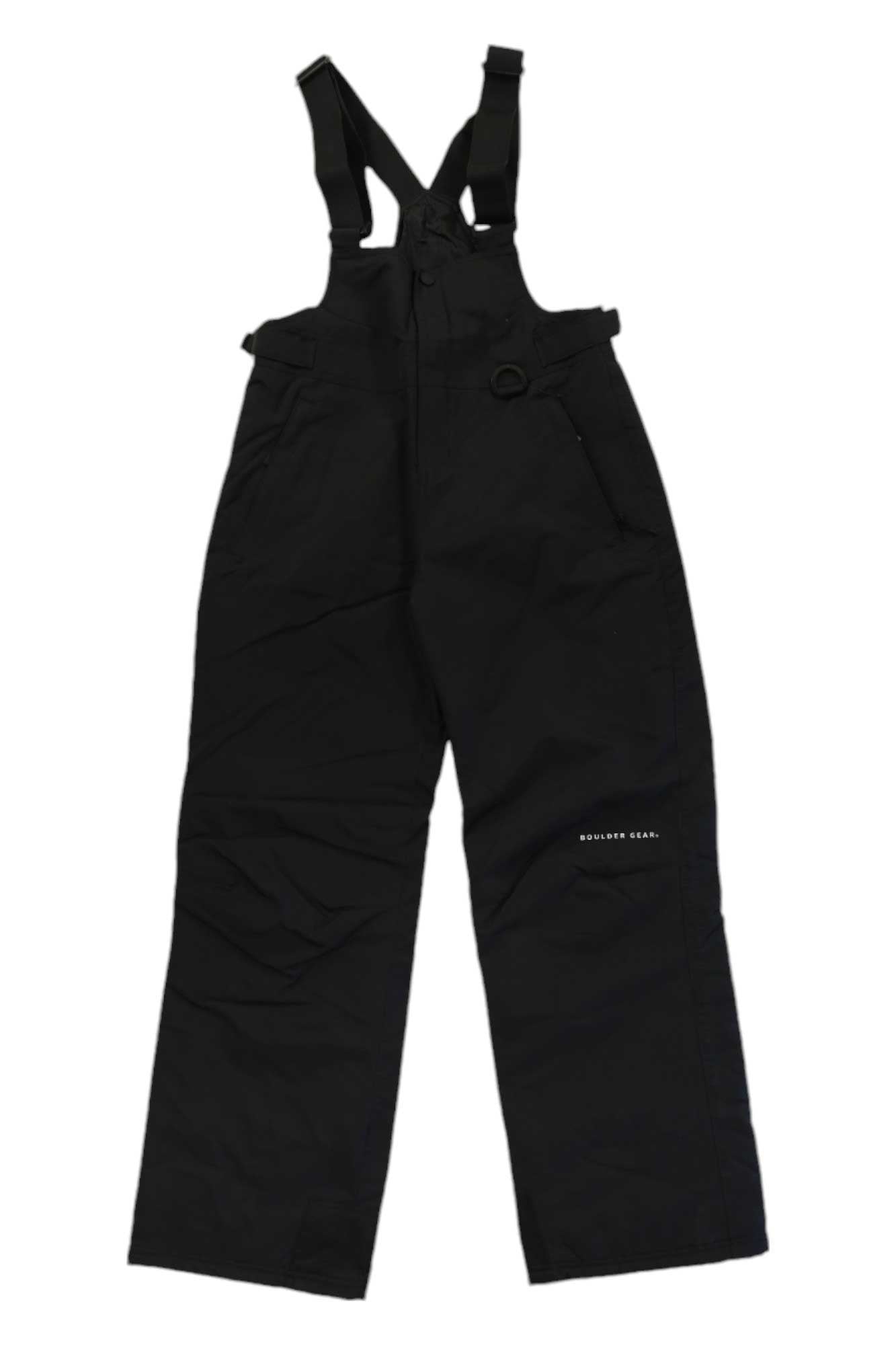 Boulder Gear Pinnacle Bib Pants: black, insulated kids' snow bibs with adjustable straps, front zipper, side pockets, and wide legs. Waterproof and ideal for cold weather or winter sports.