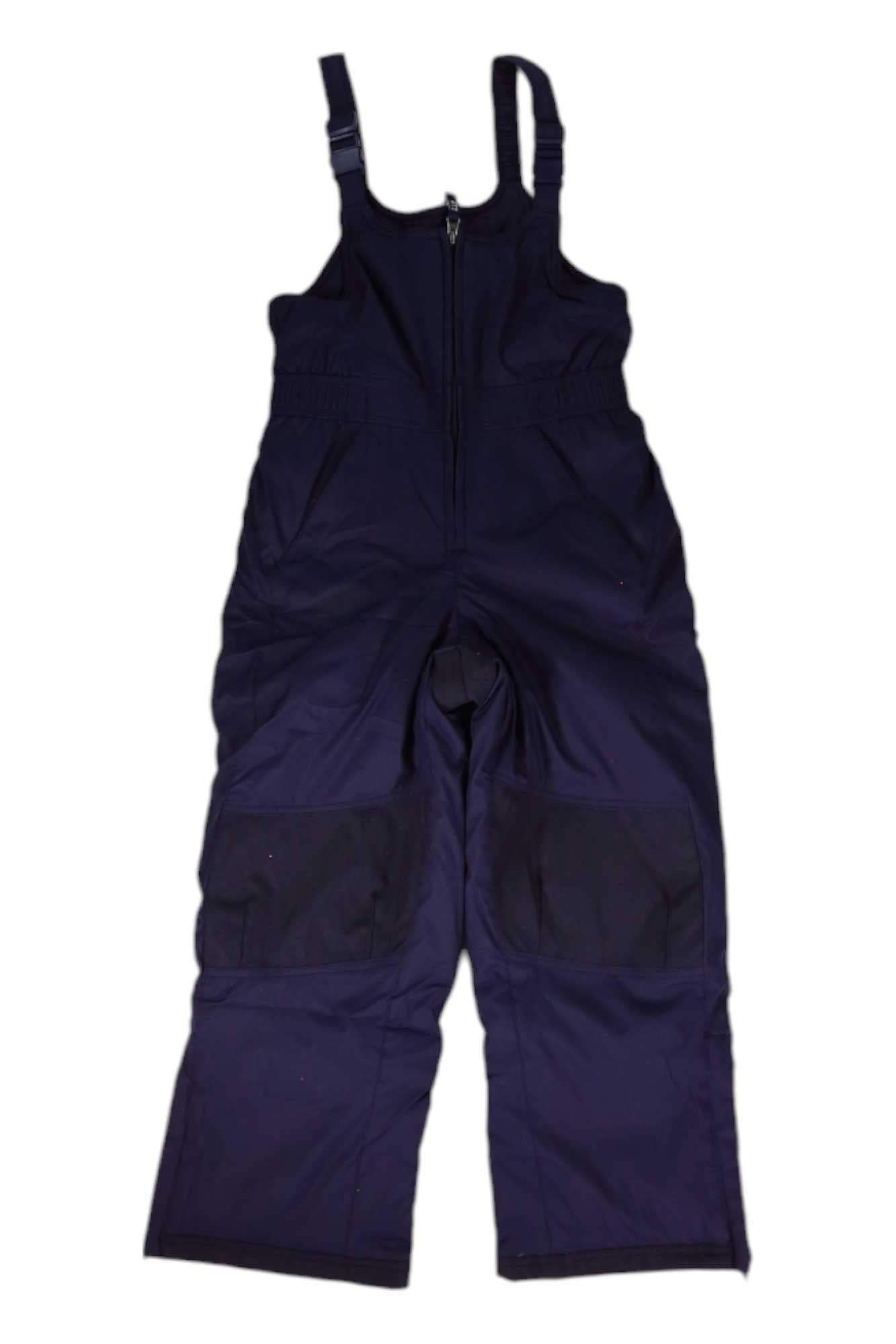The L.L.Bean Kids' Cold Buster Bib in dark blue, with adjustable straps, front zipper, and reinforced knees, is shown laid flat on a white background—ideal insulated snow pants for hiking.