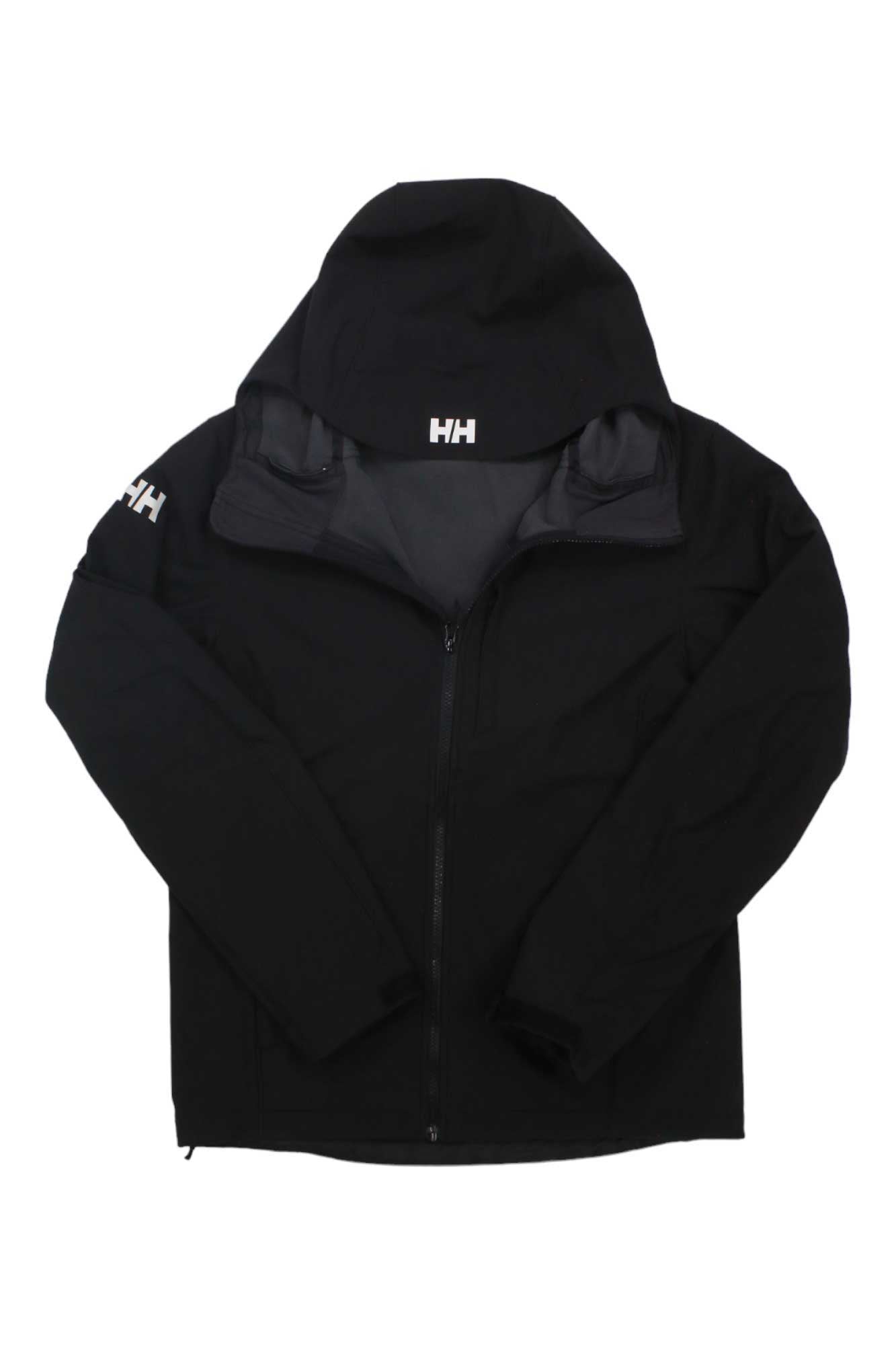 A black Helly Hansen Men's Paramount Hooded Softshell Jacket, water resistant with a front zipper and white logos on the chest and left sleeve, is shown laid flat on a white background.