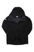A black Helly Hansen Men's Paramount Hooded Softshell Jacket, water resistant with a front zipper and white logos on the chest and left sleeve, is shown laid flat on a white background.