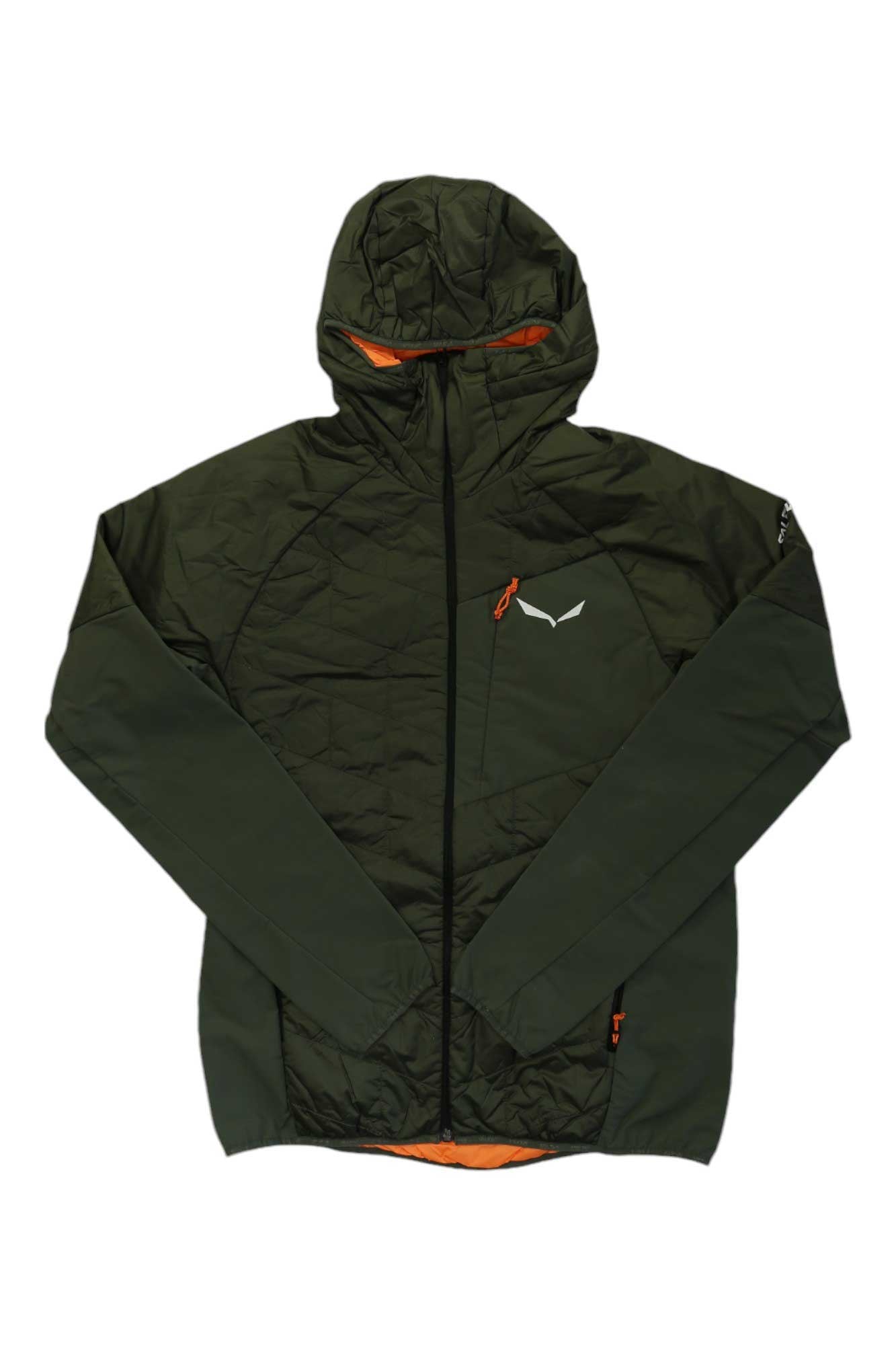 A dark green Salewa Mens Ortles Hybrid TW CLT Jacket with insulated hood, orange lining, front zipper, wind-resistant fabric, zippered pockets, and a white chest logo is displayed flat on a white background.