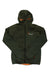 A dark green Salewa Mens Ortles Hybrid TW CLT Jacket with insulated hood, orange lining, front zipper, wind-resistant fabric, zippered pockets, and a white chest logo is displayed flat on a white background.