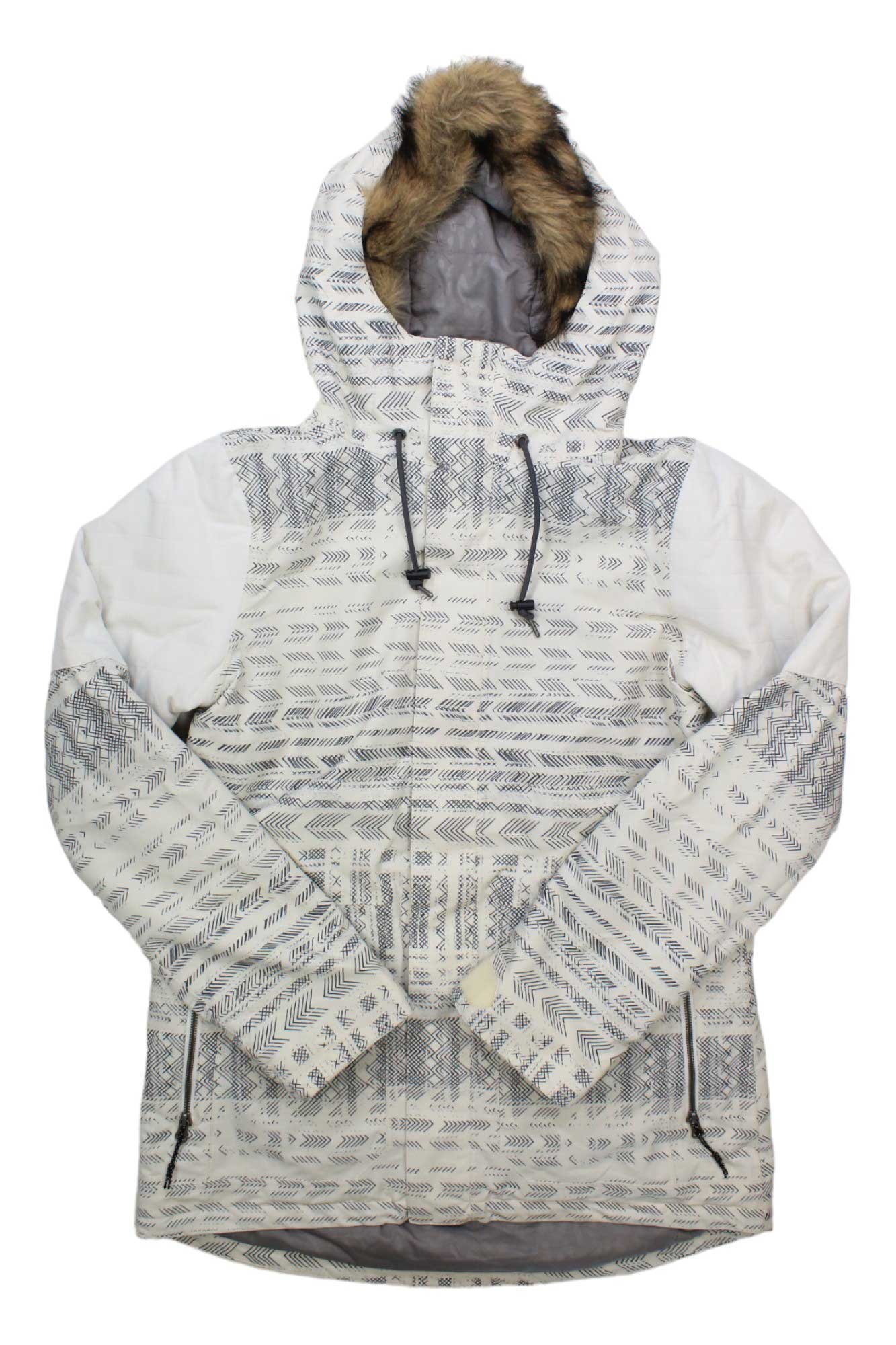 The Volcom Womens Shadow Insulated Jacket features a white and gray pattern, hood with brown faux fur trim, black drawstrings, and two zippered front pockets—perfect for women's winter ski adventures.