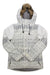 The Volcom Womens Shadow Insulated Jacket features a white and gray pattern, hood with brown faux fur trim, black drawstrings, and two zippered front pockets—perfect for women's winter ski adventures.