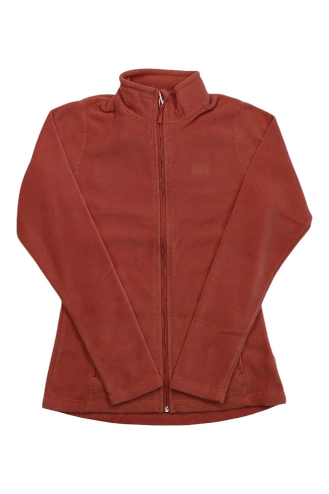 The Daybreaker Fleece Jacket for women in rust color features Polartec fabric, a full front zipper, long sleeves, and a stand-up collar, shown laid flat on a white background.