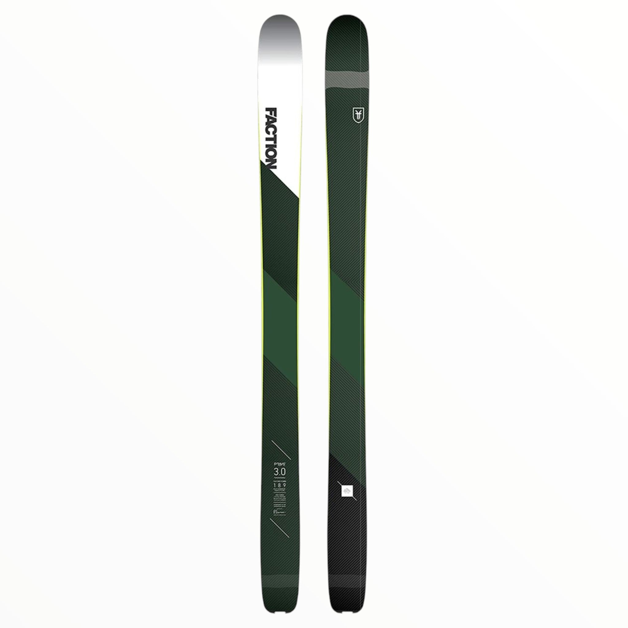 A pair of Faction Prime 3.0 Skis in green and black with a geometric design—one shows the FACTION logo on top, while the other displays a shield logo underneath, featuring lightweight hybrid core construction.