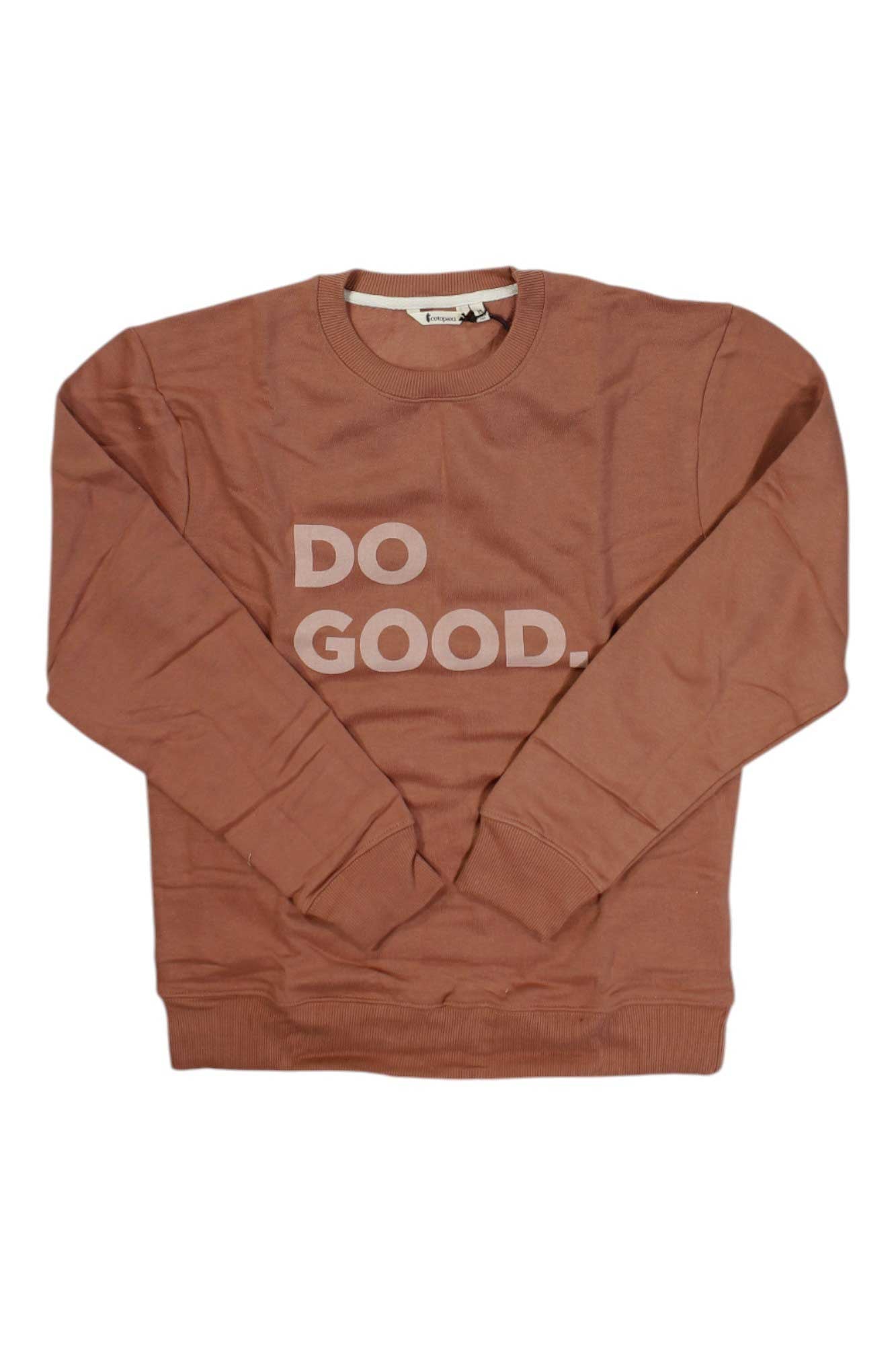 The Cotopaxi Women's Do Good Crew Sweatshirt is a brown, classic crew crafted from an organic cotton blend with "DO GOOD." printed in white on the chest.
