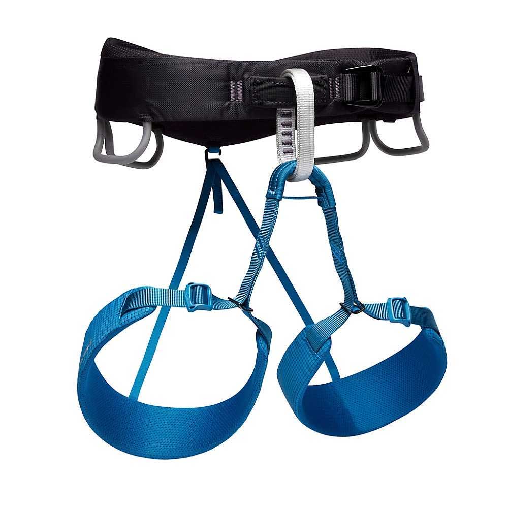 Climbing harness with blue leg loops and adjustable shoulder straps over black waist belt