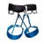Climbing harness with blue leg loops and adjustable shoulder straps over black waist belt