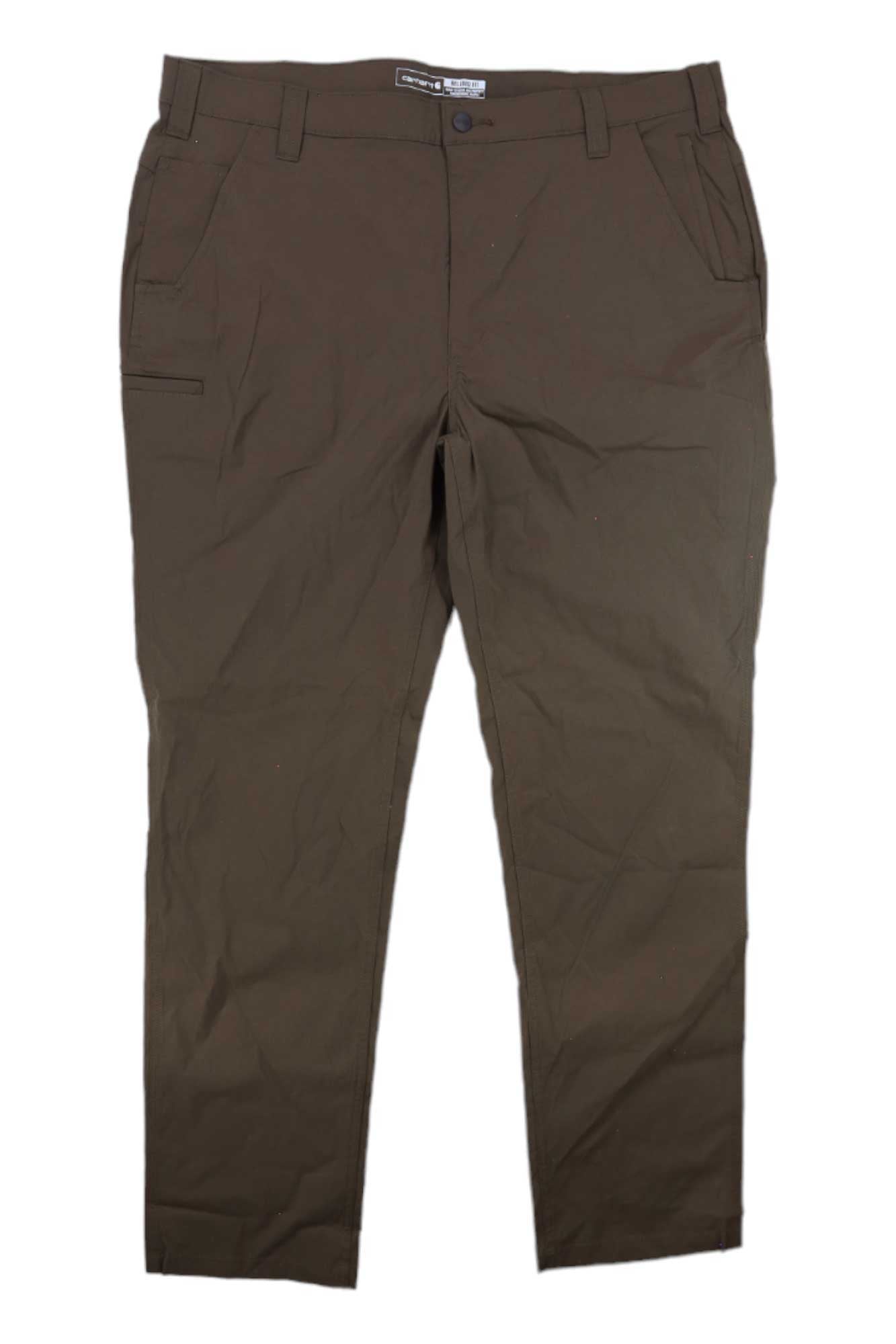 Carhartt men's work pants in dark brown ripstop, flat front, button waist, side pockets.