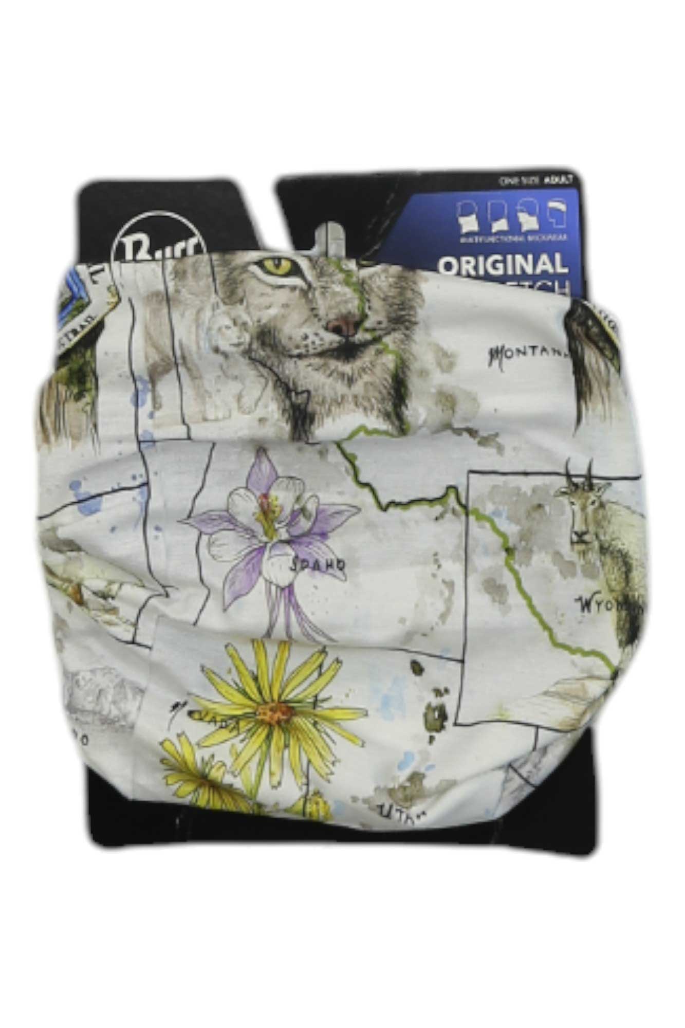 Buff multifunctional headwear, light fabric with illustrated map lines, cat and purple flowers