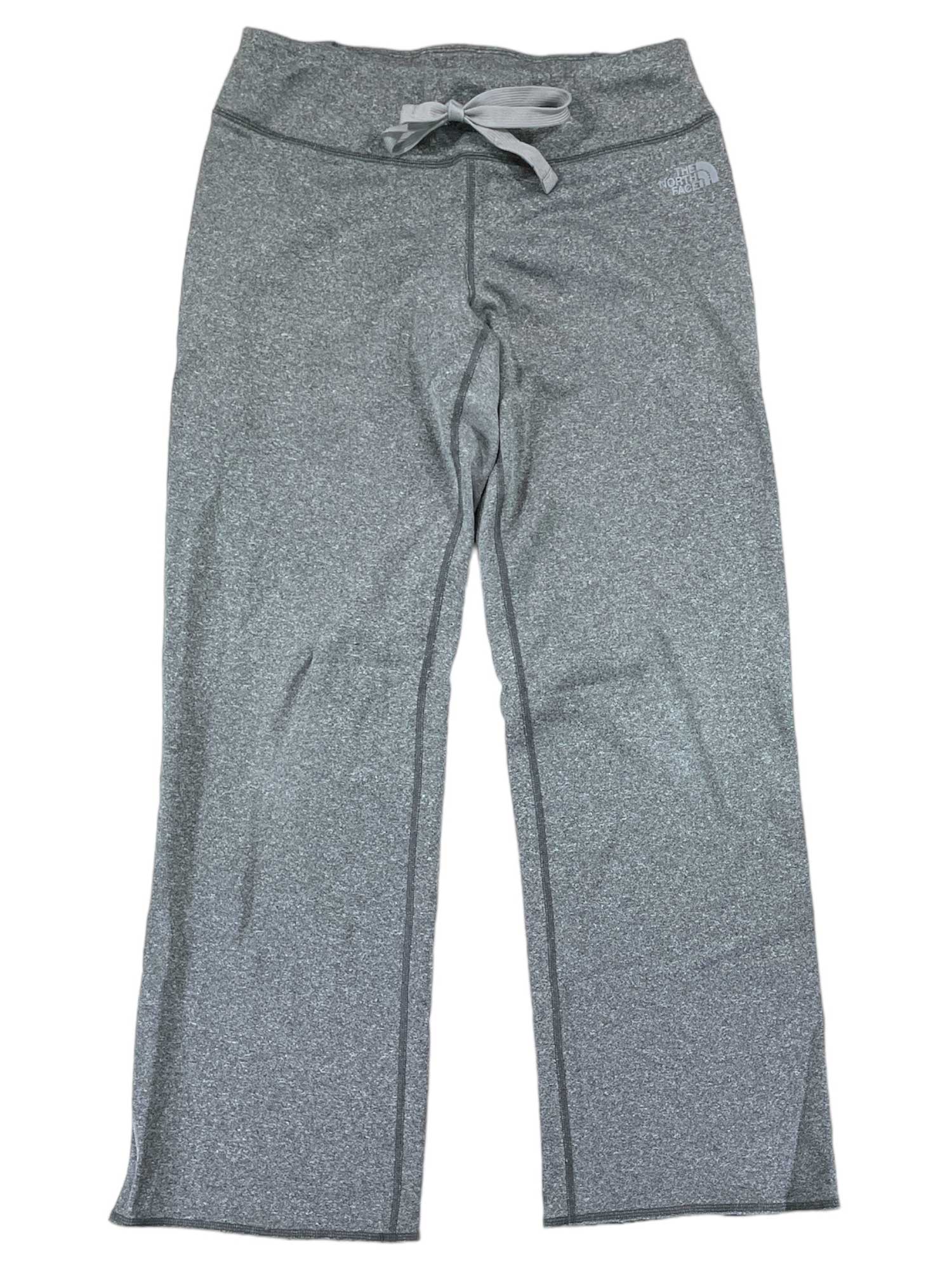 Women's grey jersey fleece leggings with wide waistband and drawstring tie