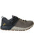 Men's low hiking shoe in charcoal suede with lace-up, side strap detail, lug outsole