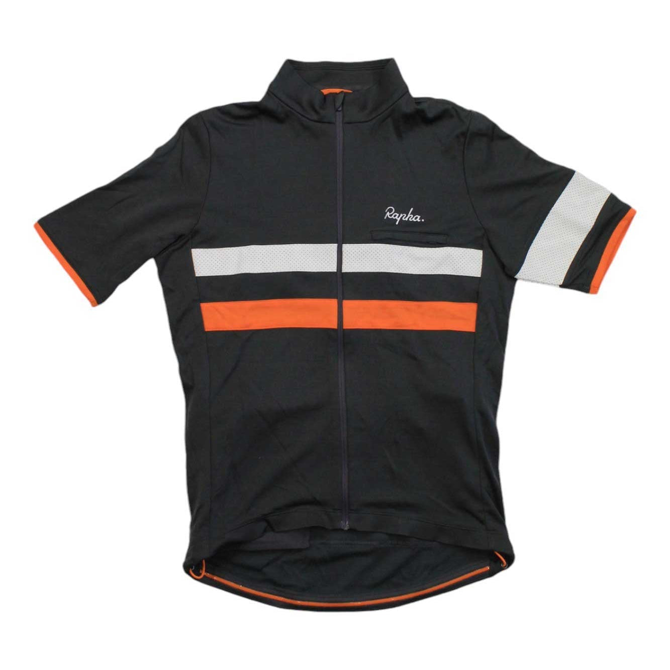 A black short-sleeve cycling jersey with a full front zipper, featuring a horizontal white stripe and a horizontal orange stripe across the chest, with white and orange striped sleeve cuffs. The brand name 'Raphaels' is printed in white script on the left chest.