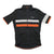 A black short-sleeve cycling jersey with a full front zipper, featuring a horizontal white stripe and a horizontal orange stripe across the chest, with white and orange striped sleeve cuffs. The brand name 'Raphaels' is printed in white script on the left chest.