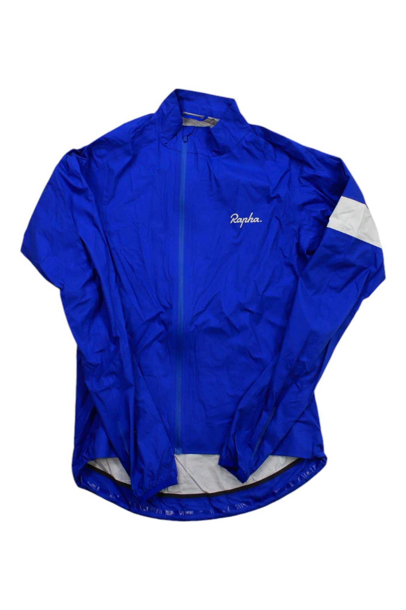 Men's blue rain jacket with full zipper, Rapha logo, white side and hem panels