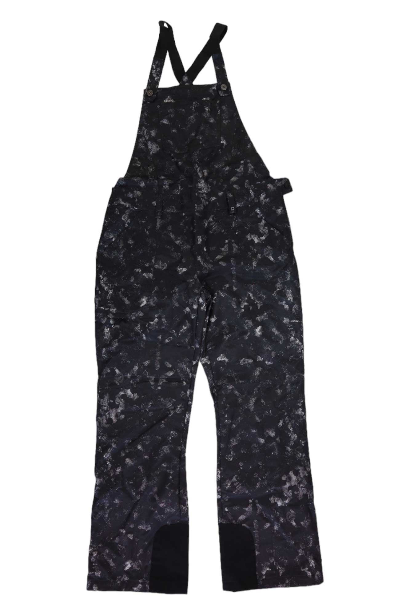 The Obermeyer Womens Malta Overalls Bib, in black and gray camo, features waterproof fabric, adjustable shoulder straps, front pockets, and reinforced knee patches—ideal as insulated ski pants. Shown laid flat on a white background.