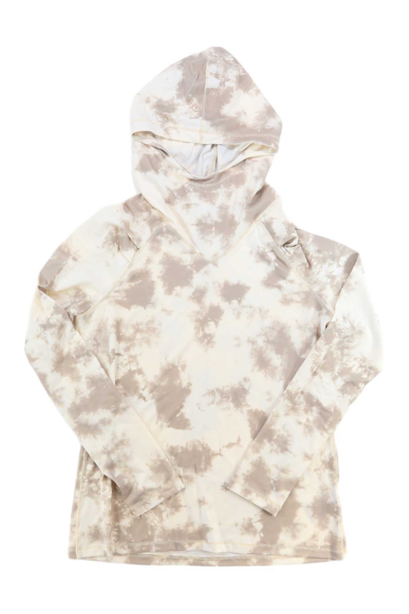 The Indyeva Women’s Futa Hoody, featuring long sleeves and a beige and white tie-dye pattern, is crafted from a soft polyester lyocell blend and displayed flat against a white background.