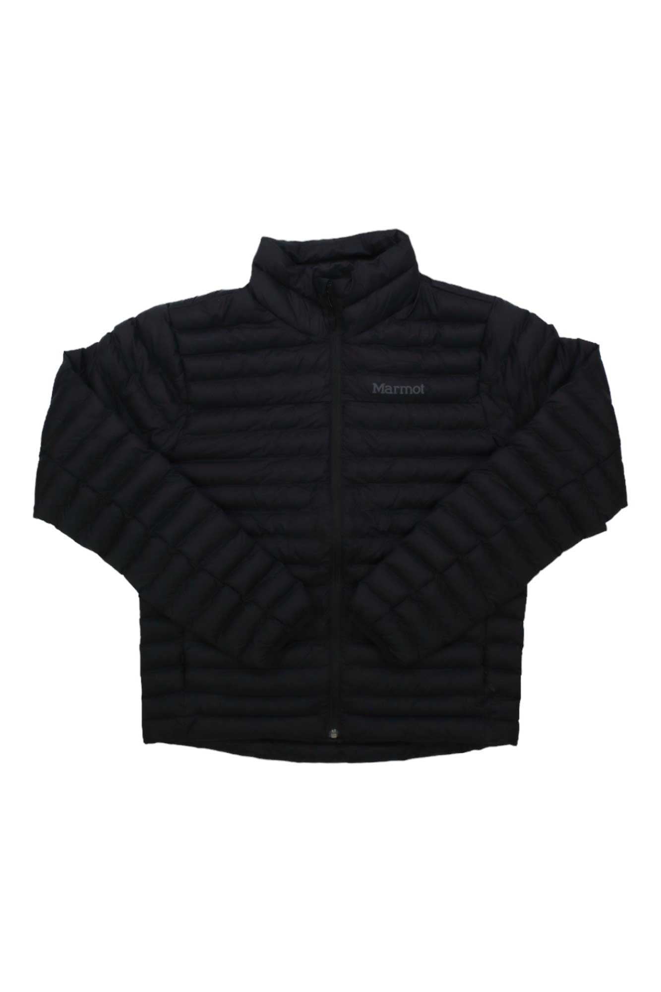 A black Mens Echo Featherless Jacket with synthetic insulation and long sleeves is laid flat on a white background. The quilted recycled nylon jacket features the Marmot logo on the chest.