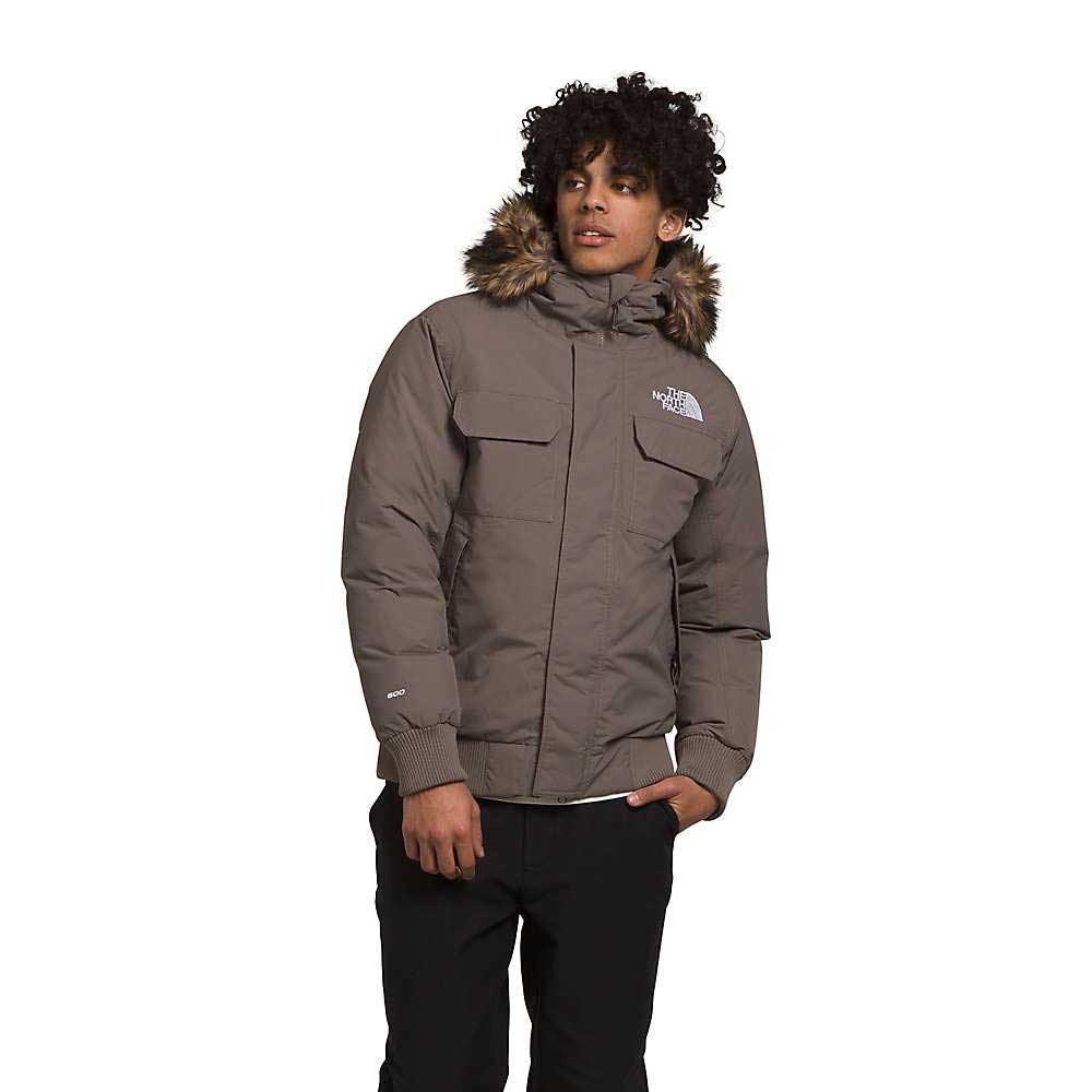 Men's bomber jacket in dark gray with faux-fur hood trim, zip front, and sleeve rib cuffs