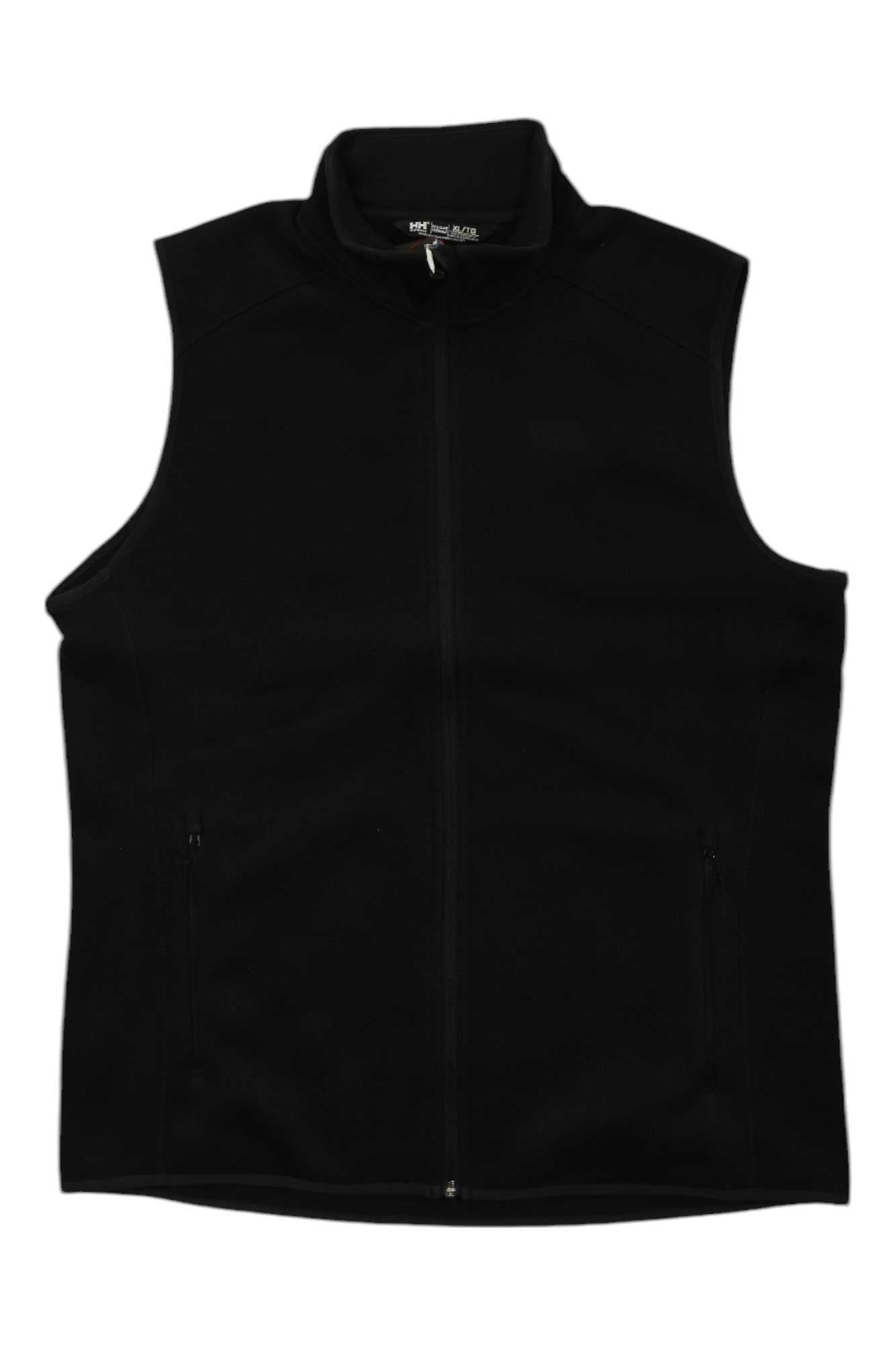 A plain black Helly Hansen Mens Varde Fleece Vest with front zipper, collar, and side pockets is displayed flat on a white background. The lightweight vest has a simple design with no visible logos.