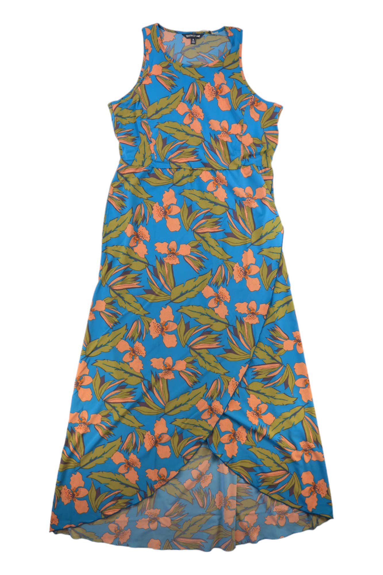 Sleeveless floral maxi dress with coral, blue, and green leaves print