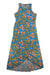 Sleeveless floral maxi dress with coral, blue, and green leaves print