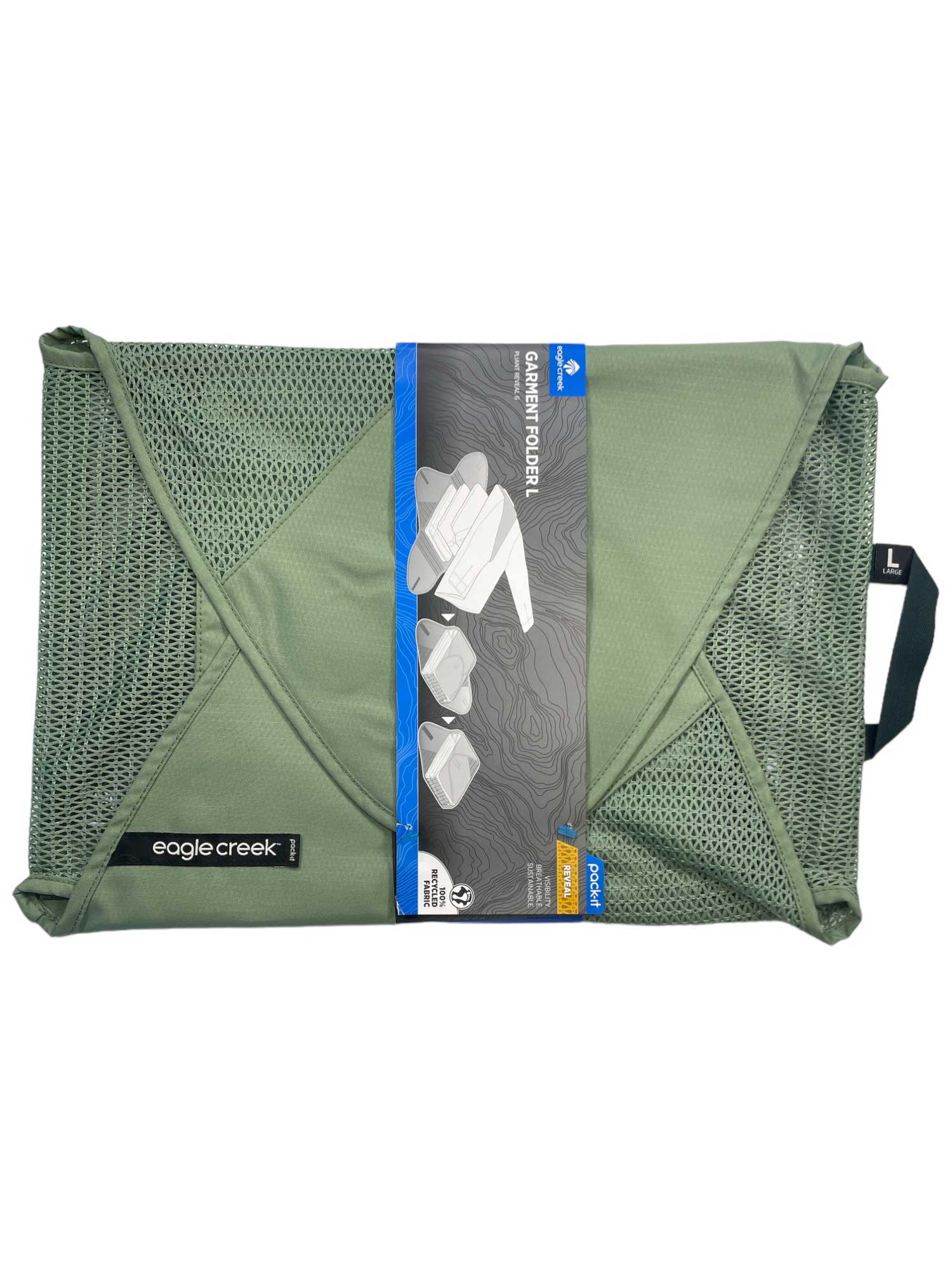 Large mossy green mesh garment folder with fold panels and Eagle Creek logo patch
