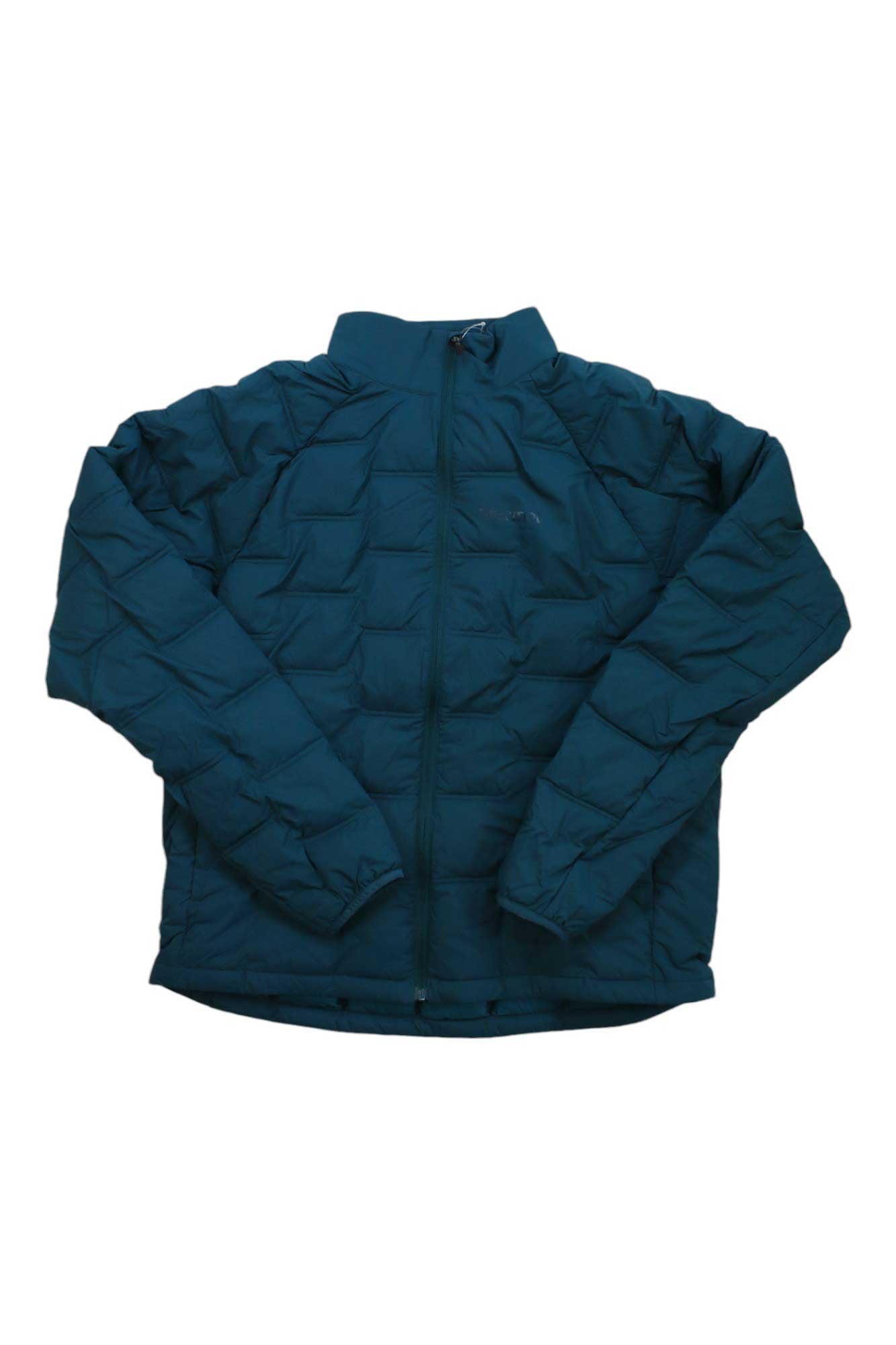 The Marmot Mens WarmCube Active Novus Jacket is a dark teal, long-sleeve, quilted insulated jacket made from recycled nylon with a front zipper and high collar, shown laid flat on a white background.