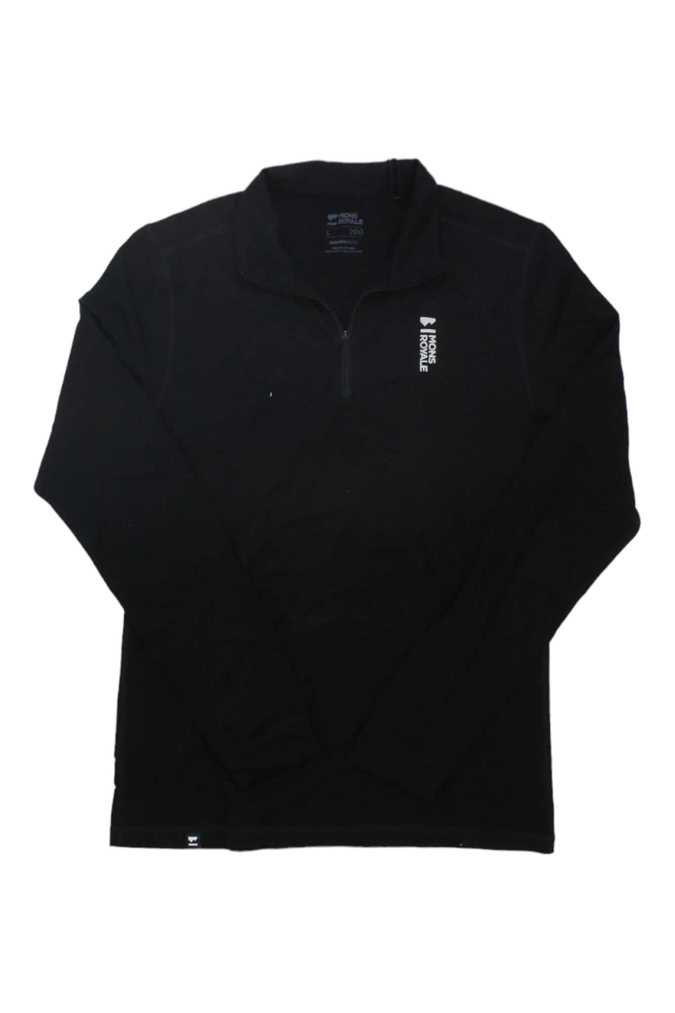 The Mons Royale Womens Cascade 1/4 Zip Top is a black pullover with a half-zip front, perfect for snowsports, and features "MOUNTAIN RESCUE" printed vertically in white on the left chest.