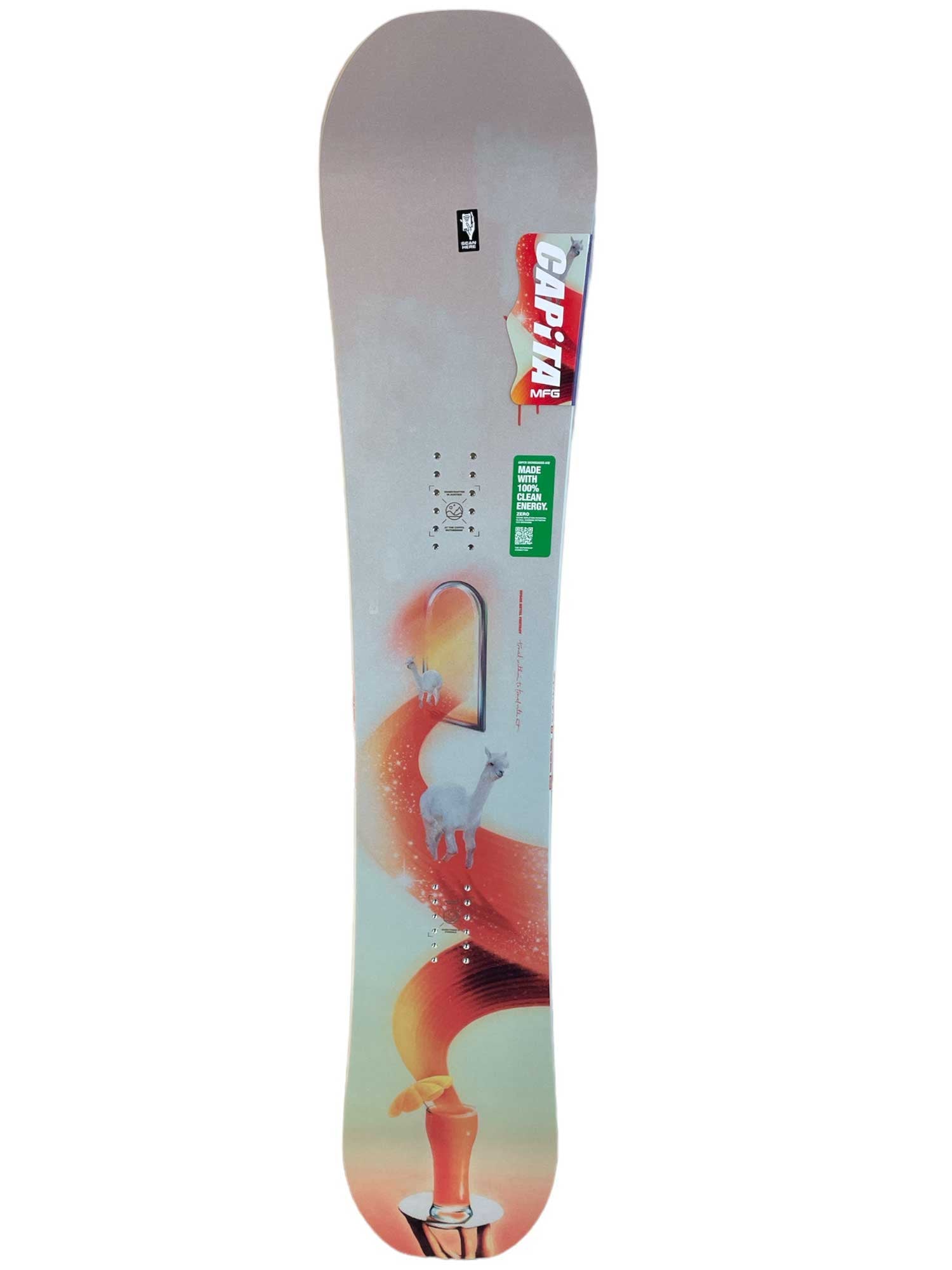 Women’s space-themed snowboard deck with multicolor character scene and light gray top sheet