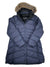 The Marmot Womens Montreal Down Coat is a navy blue, water-resistant, quilted winter coat with a faux fur-trimmed hood, front zipper, and Marmot logo on the chest. It’s displayed flat on a white background.