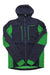 The Norrona Mens Trollveggen Powerstretch Pro Zip Hoodie is a dark blue and green hooded jacket with a front zipper, two chest pockets, green accents on the arms, sides, and cuffs, and Polartec Power Stretch Pro fabric for insulation.