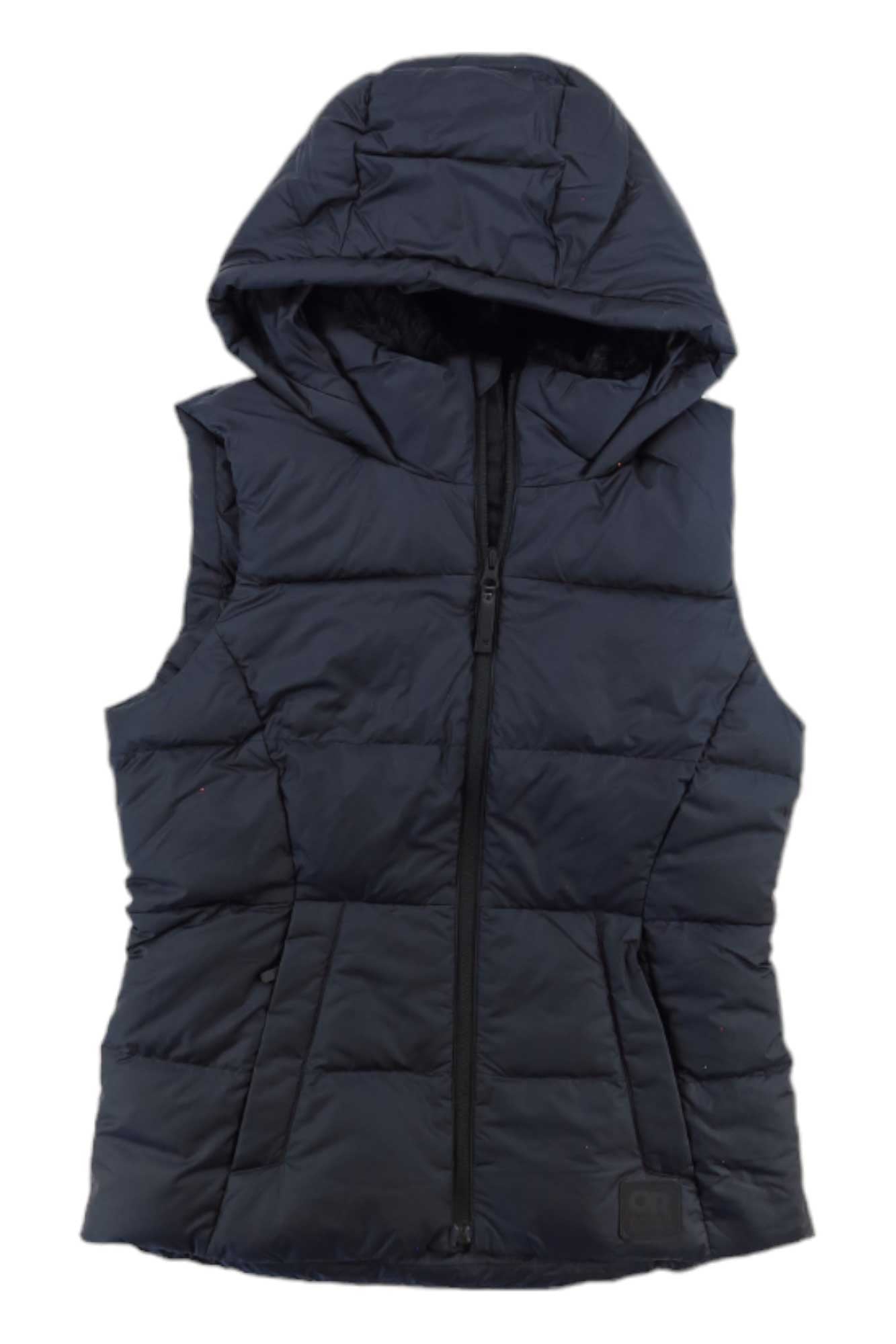 The Outdoor Research Women's Coldfront Hooded Down II Vest, black and sleeveless with an attached hood and front zipper, is shown laid flat on a white background.