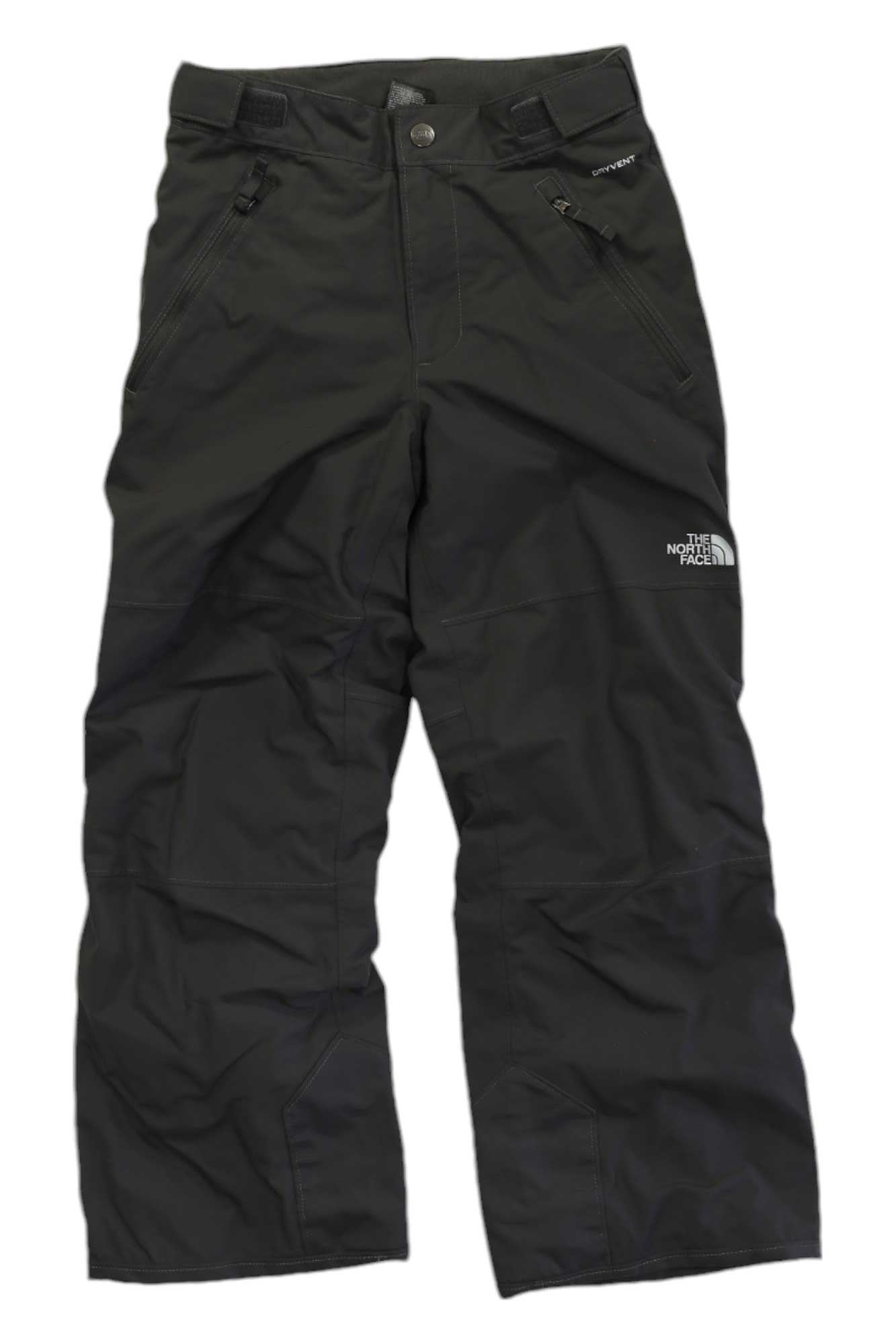 A pair of black Kids' Freedom Insulated Snow Pants by The North Face, featuring waterproof fabric, zippered pockets, button and zip closure, adjustable waist tabs, and a logo on the upper left thigh—perfect for outdoor winter fun.