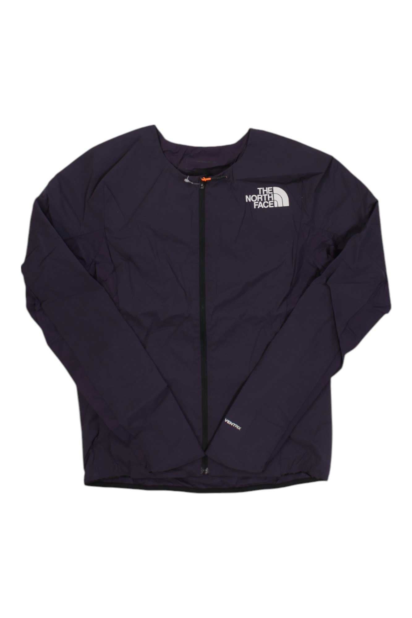 A black, long-sleeve The North Face Women's Flight Ventrix Jacket with a front zipper and chest logo is laid flat on a white background.