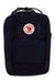 The Fjallraven Kanken Re-Wool Laptop 15 Inch Pack is a navy blue backpack made from recycled wool, featuring a front zipper pocket, iconic circular red fox logo, two top handles, black shoulder straps, and fits a 15-inch laptop.