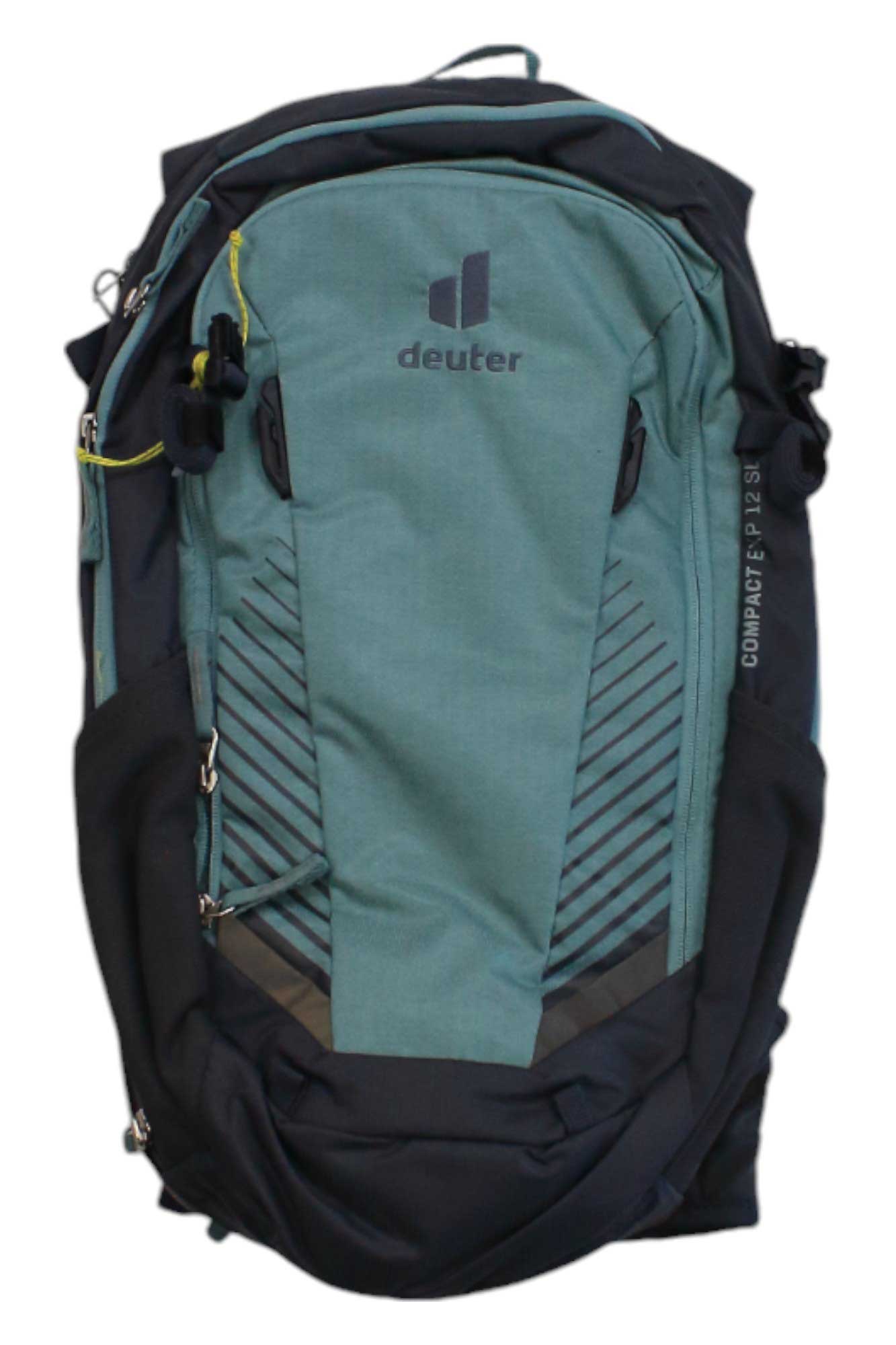 The Deuter Compact Exp 12 SL Pack is a teal and black backpack with the logo on front, multiple zippers and straps, a sleek helmet-compatible design—ideal for outdoor activities.