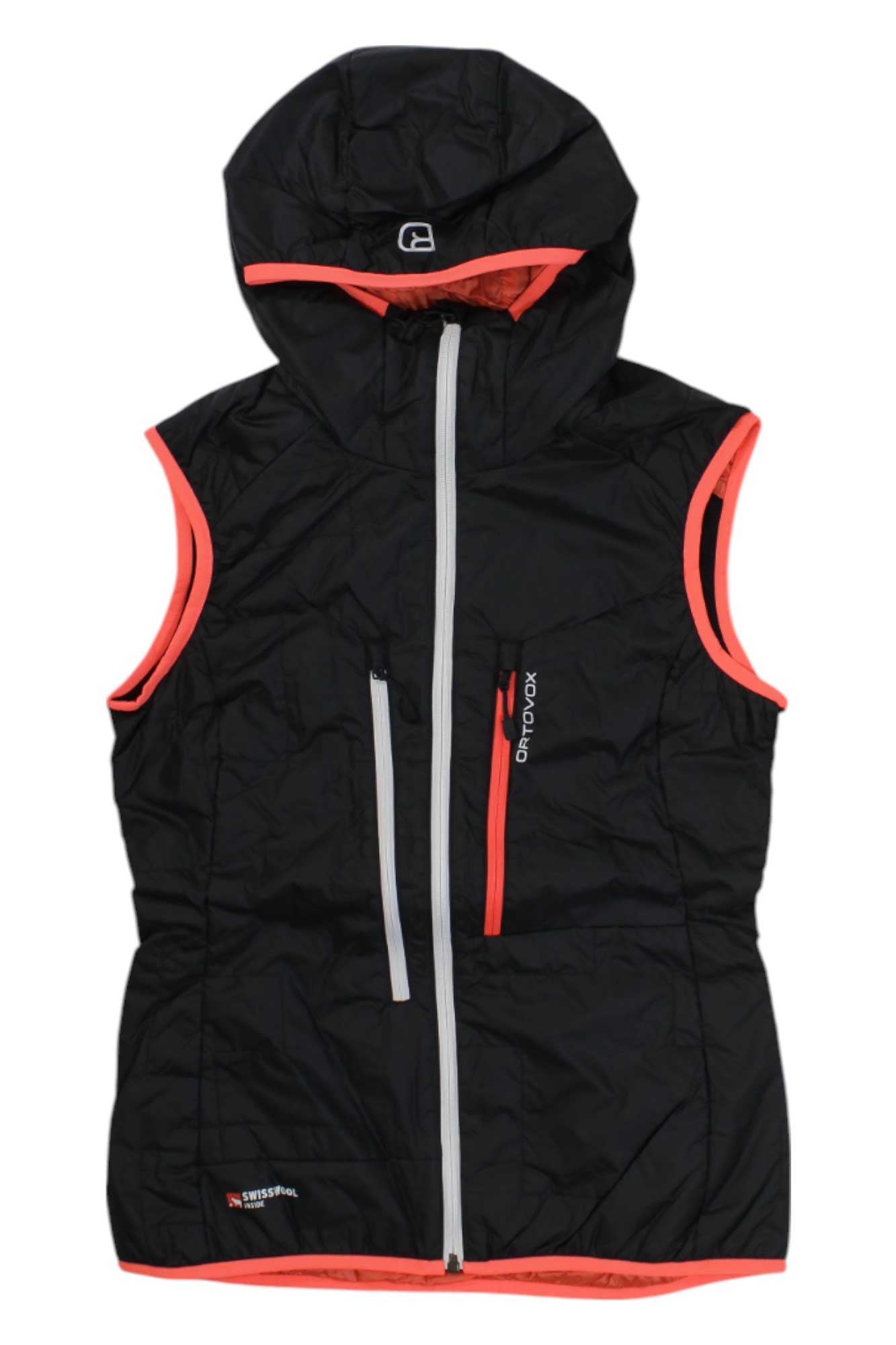 Ortovox women's insulated vest, black with orange trim, hood, full front zipper