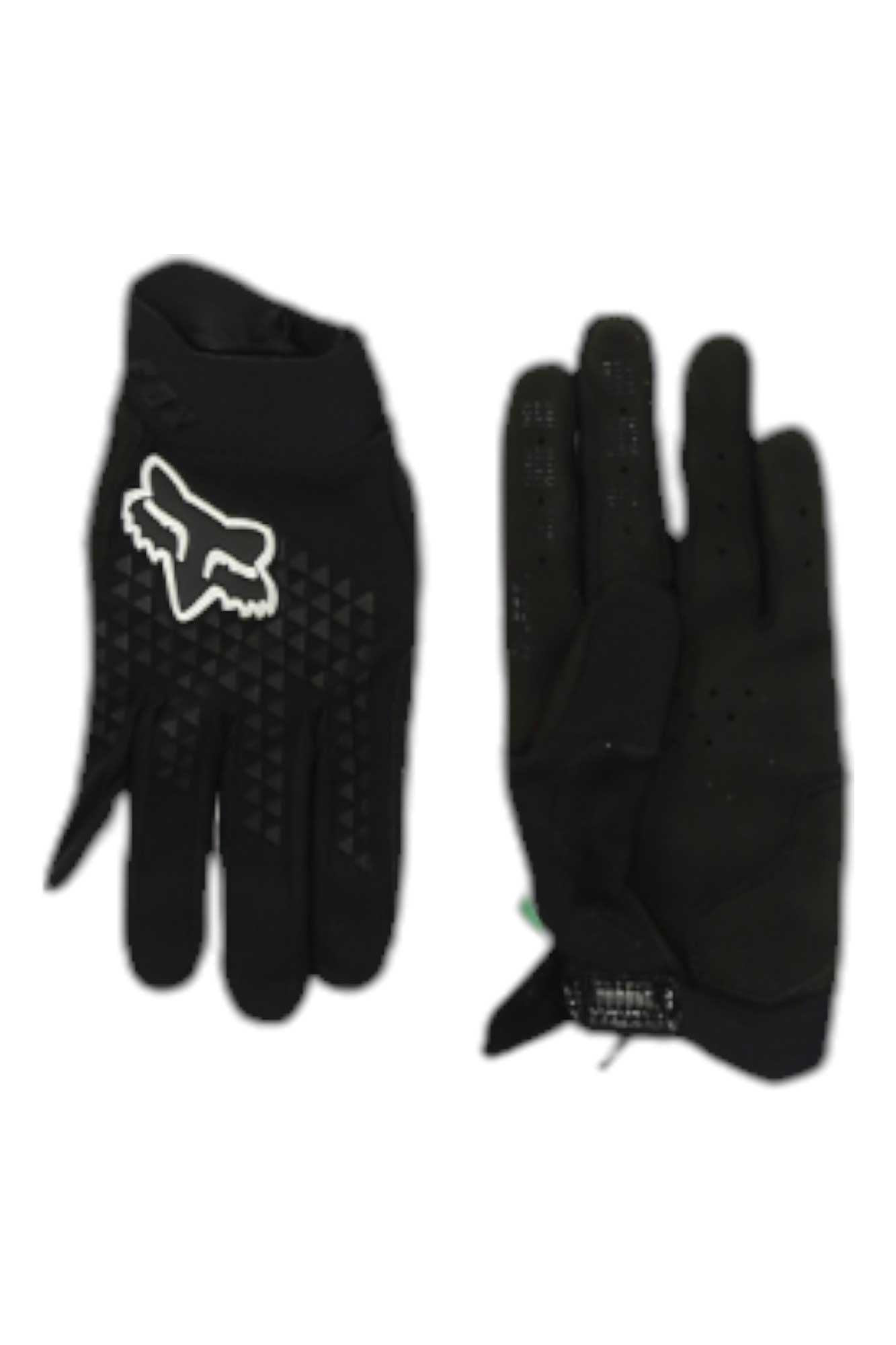 The Fox Youth Defend Glove is shown in black from both front and back. One glove displays a white fox logo with geometric designs, while the other shows the palm side, featuring ventilation holes for added breathability.