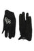 The Fox Youth Defend Glove is shown in black from both front and back. One glove displays a white fox logo with geometric designs, while the other shows the palm side, featuring ventilation holes for added breathability.