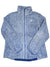The Women's Osito 2 Jacket, featuring blue and white heathered fleece, a high collar, long sleeves, secure-zip hand pockets, and textured fabric, is displayed laid flat on a white background.