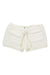 Women's white drawstring shorts with tassel cords and elastic waistband